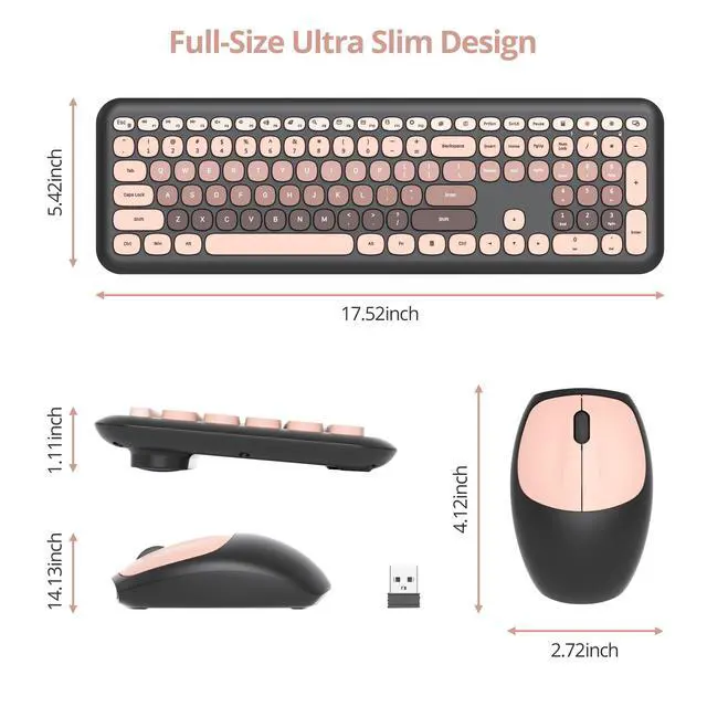 Alt view image 4 of 5 - Cute Colorful Keyboard and Mouse Wireless Silent, Full-Size Retro Typewriter Wireless Quiet Black and Pink Keyboard Low-Noise 2.4GHz for Computer, Desktop, Laptop(6-Heimei)
