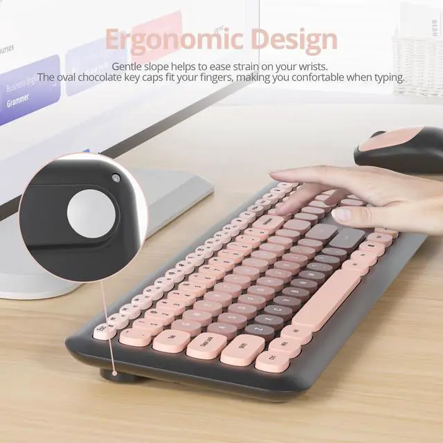 Alt view image 6 of 7 - Quiet Pink Wireless Keyboard and Mouse, 2.4GHz Retro Cute Typewriter-Style Full-Size Colorful Keyboard and Mouse Combo, Slim Design, Low-Noise Typing for Home, Office, Windows PC, Laptop