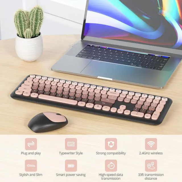 Alt view image 7 of 7 - Quiet Pink Wireless Keyboard and Mouse, 2.4GHz Retro Cute Typewriter-Style Full-Size Colorful Keyboard and Mouse Combo, Slim Design, Low-Noise Typing for Home, Office, Windows PC, Laptop
