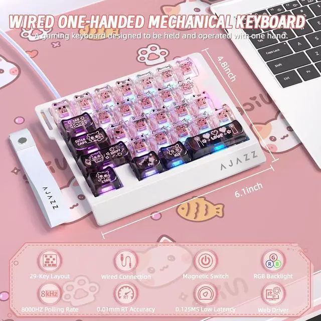 Alt view image 2 of 7 - AK029 Wired 29 Keys One-Handed RGB Gaming Keyboard with 8000HZ,0.01mm RT Magnetic Switches Adjustable Actuation,Hotswappable Mechanical Keyboard,Aluminum Plate,Web Driver for Gamers-Black Pink