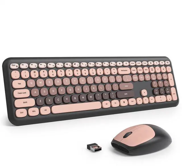 Main image of Cute Colorful Keyboard and Mouse Wireless Silent, Full-Size Retro Typewriter Wireless Quiet Black and Pink Keyboard Low-Noise 2.4GHz for Computer, Desktop, Laptop(6-Heimei)