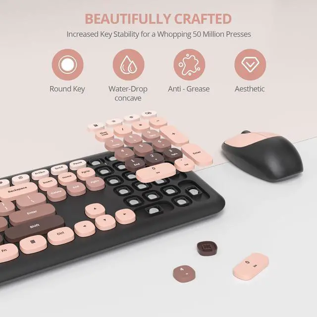 Alt view image 3 of 5 - Cute Colorful Keyboard and Mouse Wireless Silent, Full-Size Retro Typewriter Wireless Quiet Black and Pink Keyboard Low-Noise 2.4GHz for Computer, Desktop, Laptop(6-Heimei)