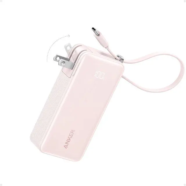 Main image of Nano 3-in-1 Portable iPhone Charger, 10,000mAh Power Bank with Built-in USB-C Cable and Foldable Wall Plug, 30W Max Battery Pack, Travel Essentials for iPhone 17/16/15 Series (Pink)