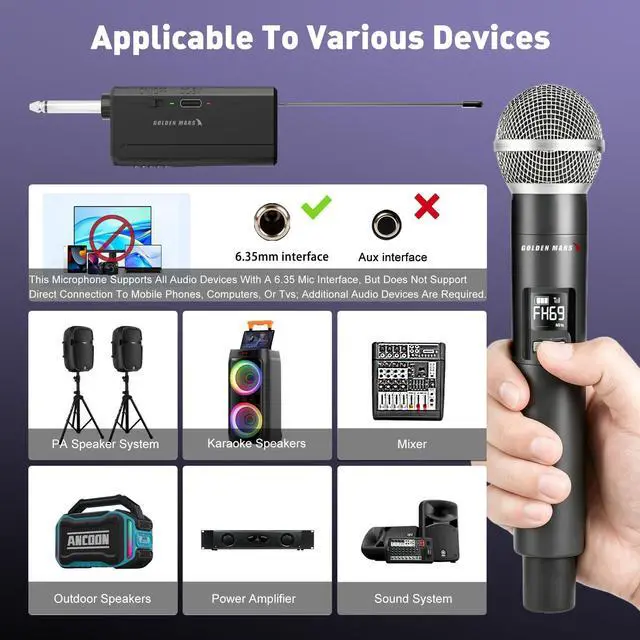 Alt view image 7 of 7 - Handheld Wireless Microphones for Karaoke Singing with 500 FT Reception