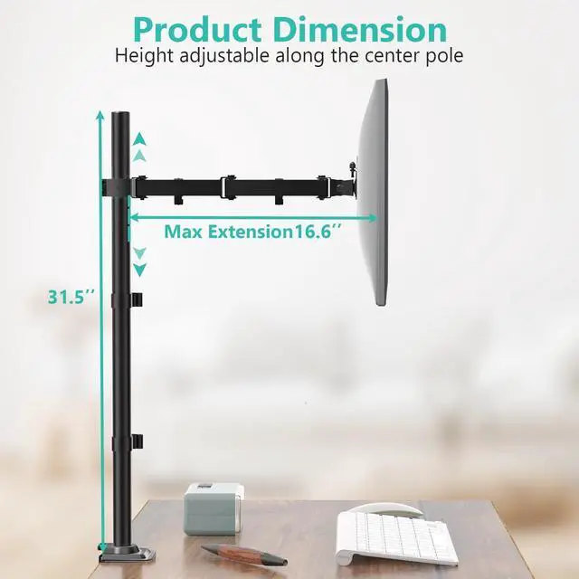 Alt view image 4 of 7 - Monitor Arm Mount for Desk, Single Extra Tall Computer Desk Mount, Monitor Bracket Mount Stand Single, up to 32 inch, 22 lbs (M001XL), Black