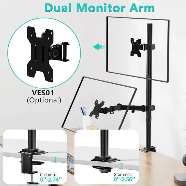 Alt view image 6 of 7 - Monitor Arm Mount for Desk, Single Extra Tall Computer Desk Mount, Monitor Bracket Mount Stand Single, up to 32 inch, 22 lbs (M001XL), Black