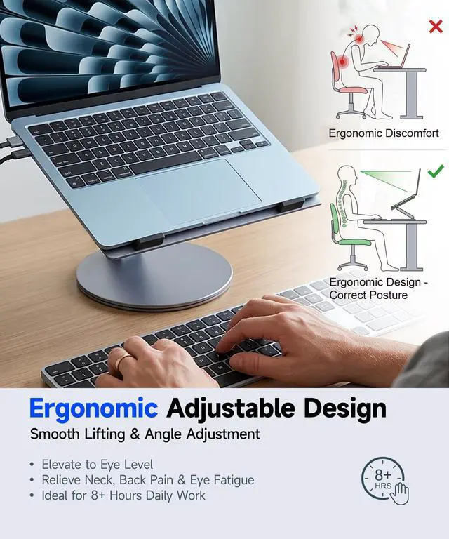 Alt view image 2 of 7 - Adjustable Laptop Stand for Desk - 360° Rotating Ergonomic Riser with Aluminum Cooling Vents & Sturdy Construction for 10-16 Inch MacBook Pro/Air, Foldable Portable for Office & Home - Gray