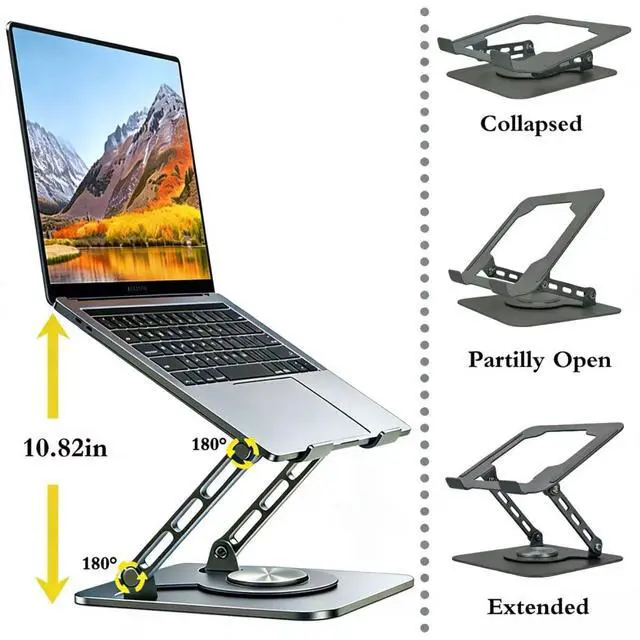 Alt view image 3 of 7 - 360 Rotating Laptop StandErgonomic Foldable Computer StandAdjustable Height Laptop Metal Holder with All Laptops (10-16") - Grey