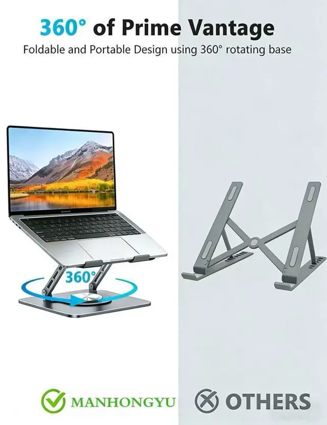 Alt view image 4 of 7 - 360 Rotating Laptop StandErgonomic Foldable Computer StandAdjustable Height Laptop Metal Holder with All Laptops (10-16") - Grey