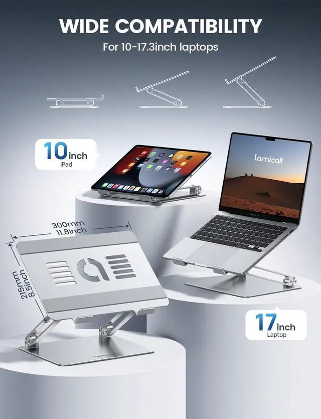 Alt view image 2 of 7 - Adjustable Laptop Stand, Portable Laptop Riser, Aluminum Laptop Stand for Desk Foldable, Ergonomic Computer Notebook Holder for MacBook Air Pro HP, Office Desk Accessories (10-17.3'')- Silver