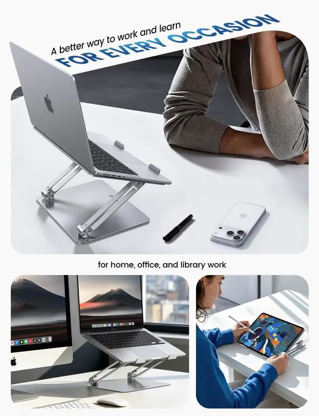 Alt view image 5 of 7 - Adjustable Laptop Stand, Portable Laptop Riser, Aluminum Laptop Stand for Desk Foldable, Ergonomic Computer Notebook Holder for MacBook Air Pro HP, Office Desk Accessories (10-17.3'')- Silver