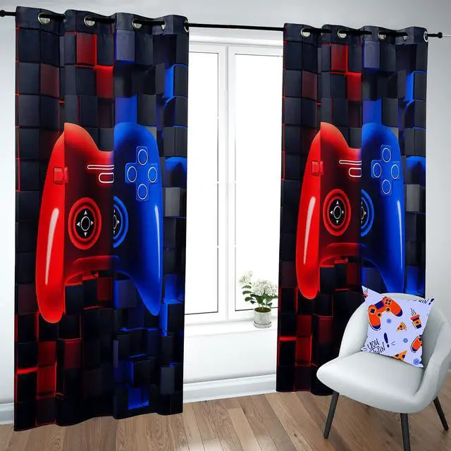 Alt view image 2 of 7 - Game Curtains 2 Panel Sets Video Gaming Boys Blackout Curtains for Bedroom Living Room Decor Colorful Red and Blue Gamer Gamepad Kids Home Window Curtain Drapes(Red Blue, 42x84inch)