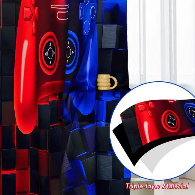 Alt view image 4 of 7 - Game Curtains 2 Panel Sets Video Gaming Boys Blackout Curtains for Bedroom Living Room Decor Colorful Red and Blue Gamer Gamepad Kids Home Window Curtain Drapes(Red Blue, 42x84inch)