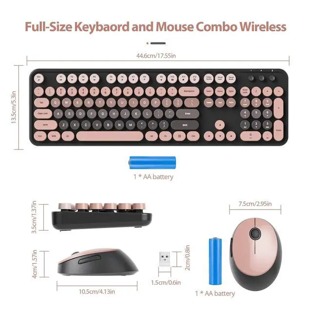 Alt view image 3 of 7 - Pink Keyboard and Mouse Wireless, Retro Typewriter Keyboard, 2.4GHz 104 Keys Full Size Cute Keyboard with Number Pad, Gradient Colorful Round Keycaps for Windows PC Desktops Laptop