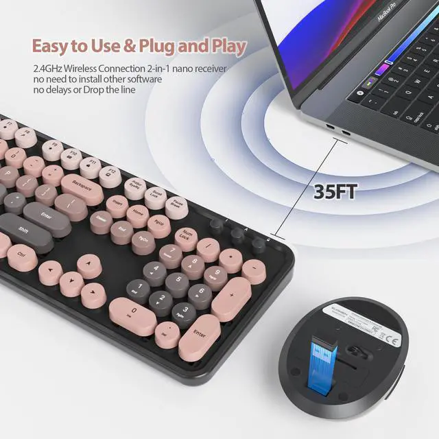 Alt view image 2 of 7 - Pink Keyboard and Mouse Wireless, Retro Typewriter Keyboard, 2.4GHz 104 Keys Full Size Cute Keyboard with Number Pad, Gradient Colorful Round Keycaps for Windows PC Desktops Laptop