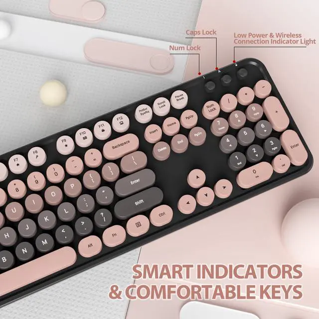 Alt view image 6 of 7 - Pink Keyboard and Mouse Wireless, Retro Typewriter Keyboard, 2.4GHz 104 Keys Full Size Cute Keyboard with Number Pad, Gradient Colorful Round Keycaps for Windows PC Desktops Laptop