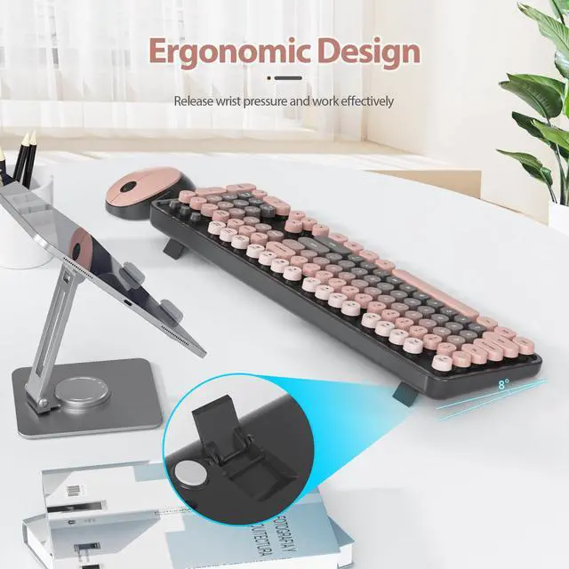 Alt view image 4 of 7 - Pink Keyboard and Mouse Wireless, Retro Typewriter Keyboard, 2.4GHz 104 Keys Full Size Cute Keyboard with Number Pad, Gradient Colorful Round Keycaps for Windows PC Desktops Laptop