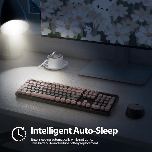 Alt view image 7 of 7 - Pink Keyboard and Mouse Wireless, Retro Typewriter Keyboard, 2.4GHz 104 Keys Full Size Cute Keyboard with Number Pad, Gradient Colorful Round Keycaps for Windows PC Desktops Laptop