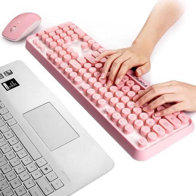 Alt view image 3 of 7 - Wireless Keyboard and Mouse | Cute Colorful Keyboard and Mouse with 2.4GHz Cordless Retro Typewriter Keyboard | Auto-Sleep | USB Receiver for Windows PC/Laptop - Pink