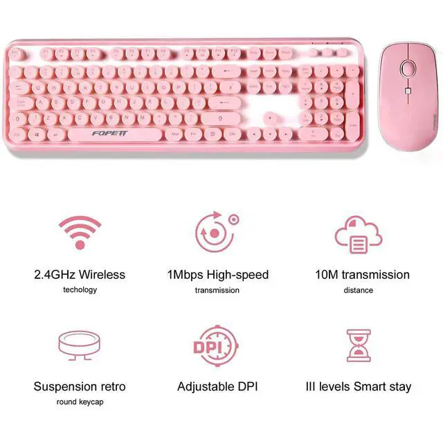 Alt view image 4 of 7 - Wireless Keyboard and Mouse | Cute Colorful Keyboard and Mouse with 2.4GHz Cordless Retro Typewriter Keyboard | Auto-Sleep | USB Receiver for Windows PC/Laptop - Pink