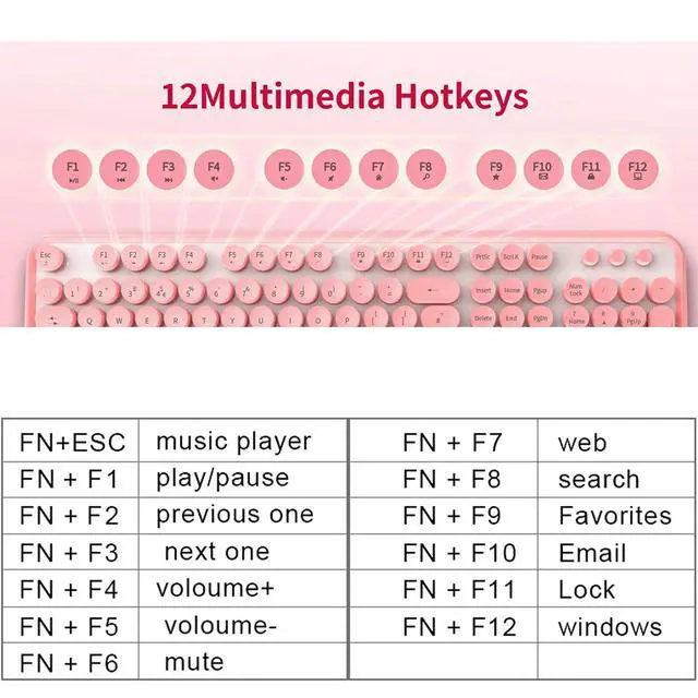 Alt view image 5 of 7 - Wireless Keyboard and Mouse | Cute Colorful Keyboard and Mouse with 2.4GHz Cordless Retro Typewriter Keyboard | Auto-Sleep | USB Receiver for Windows PC/Laptop - Pink