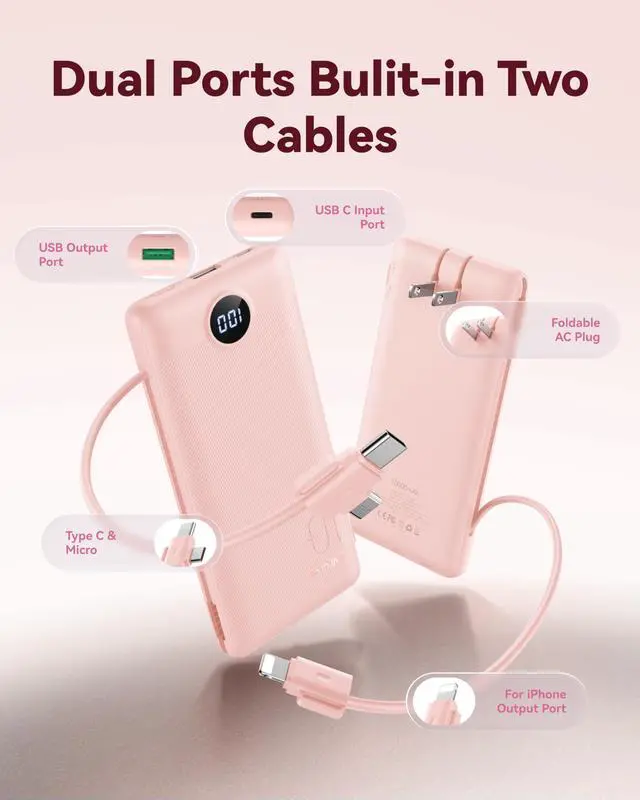Alt view image 2 of 7 - Portable Charger Power Bank - 10000mAh Fast Charging 22.5W PD 20W Portable Charger with Built in Cables, Portable Charger with Cords External Charger Travel Accessories-Pink