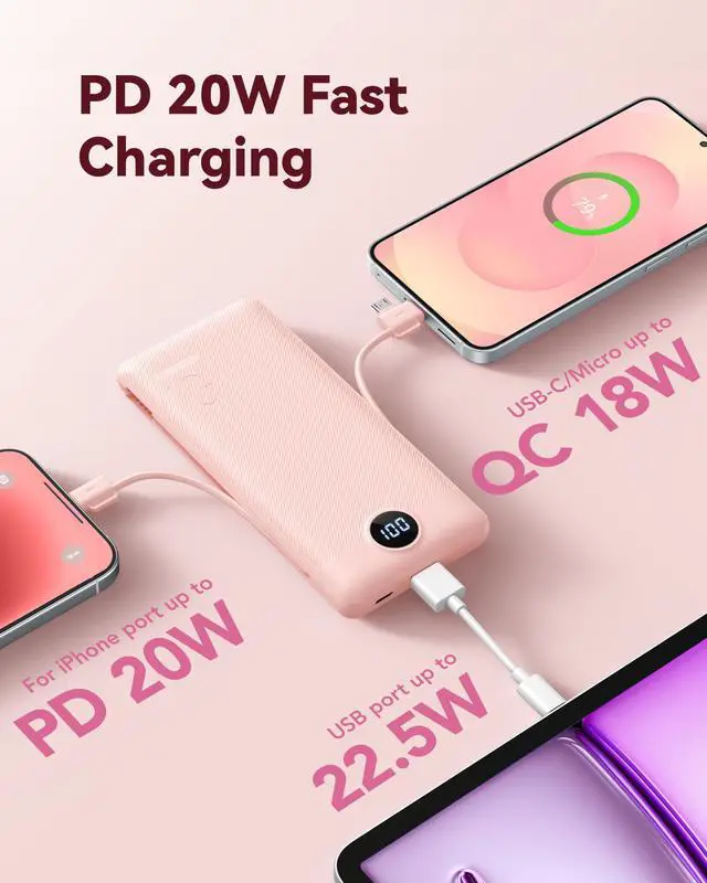 Alt view image 6 of 7 - Portable Charger Power Bank - 10000mAh Fast Charging 22.5W PD 20W Portable Charger with Built in Cables, Portable Charger with Cords External Charger Travel Accessories-Pink