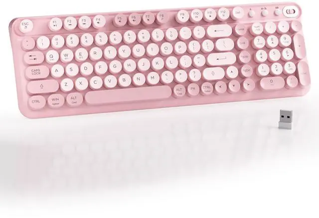 Main image of Bluetooth Wireless Computer Keyboard, Colorful 99 Round Keys Retro Membrane Keyboard with Click Typing Feel, Power Switch, Ideal Gift for Office, Home (Pink)