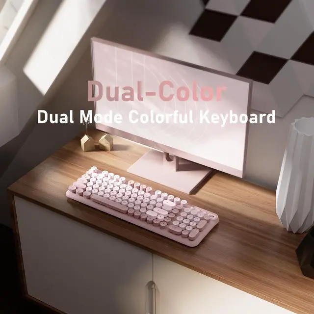 Alt view image 2 of 6 - Bluetooth Wireless Computer Keyboard, Colorful 99 Round Keys Retro Membrane Keyboard with Click Typing Feel, Power Switch, Ideal Gift for Office, Home (Pink)