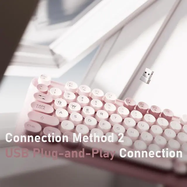 Alt view image 4 of 6 - Bluetooth Wireless Computer Keyboard, Colorful 99 Round Keys Retro Membrane Keyboard with Click Typing Feel, Power Switch, Ideal Gift for Office, Home (Pink)