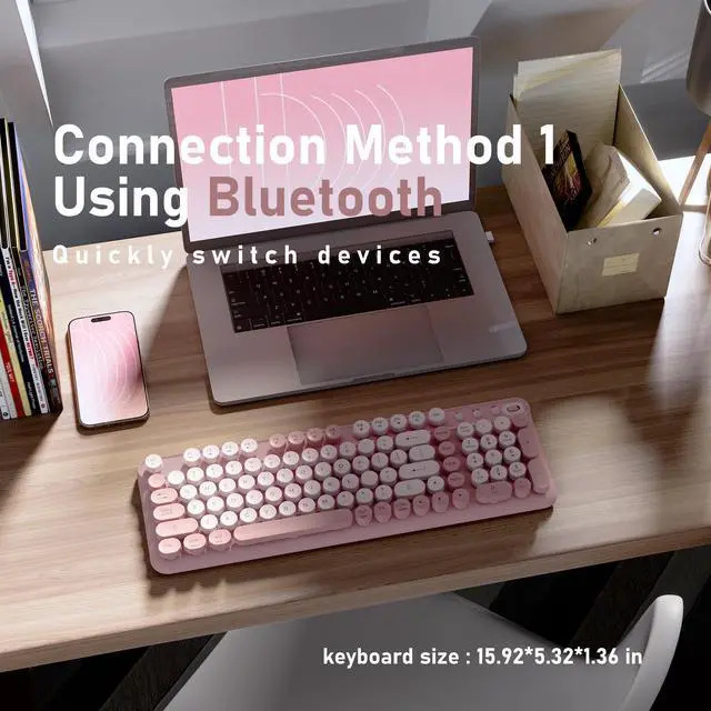 Alt view image 3 of 6 - Bluetooth Wireless Computer Keyboard, Colorful 99 Round Keys Retro Membrane Keyboard with Click Typing Feel, Power Switch, Ideal Gift for Office, Home (Pink)