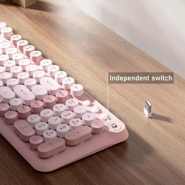 Alt view image 6 of 6 - Bluetooth Wireless Computer Keyboard, Colorful 99 Round Keys Retro Membrane Keyboard with Click Typing Feel, Power Switch, Ideal Gift for Office, Home (Pink)