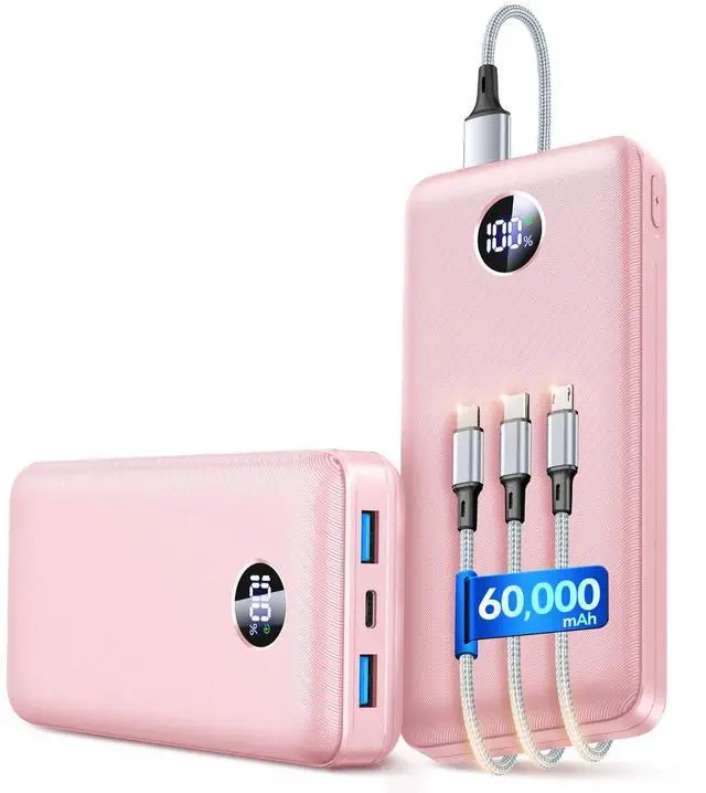 Main image of Portable Charger Power Bank - 60,000mAh Battery Pack, 22.5W Fast Charging Phone Charger Attached USB-C/iOS/Micro-USB Cable, Powerbank for iPhone 17 16 15 14 13 Samsung, for Travel Camping Essentials