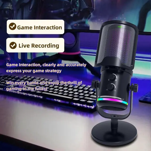 Alt view image 2 of 7 - Gaming USB Microphone for PC PS4/5 - Condenser Mic with Quick Mute, RGB Indicator Desktop Stand Pop Filter Gain Control for Streaming Discord Twitch Podcasts Videos (Black)