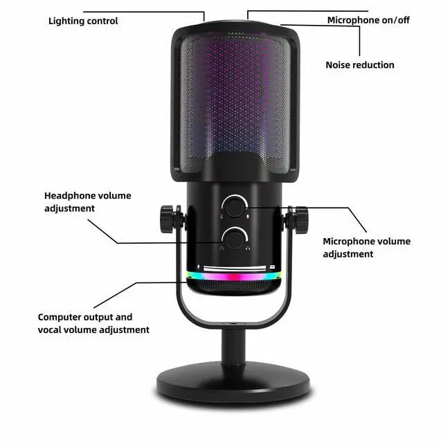 Alt view image 6 of 7 - Gaming USB Microphone for PC PS4/5 - Condenser Mic with Quick Mute, RGB Indicator Desktop Stand Pop Filter Gain Control for Streaming Discord Twitch Podcasts Videos (Black)