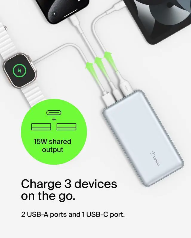 Alt view image 4 of 7 - Portable Charger, USB C Power Bank 10,000mAh w/ 2xUSB-A Ports, 15W w/Type-C to Type-A Cable for iPhone 17, Air, Samsung Galaxy S25, iPad, Nintendo Switch 2, Google Pixel 10, etc. - Pearl Blue