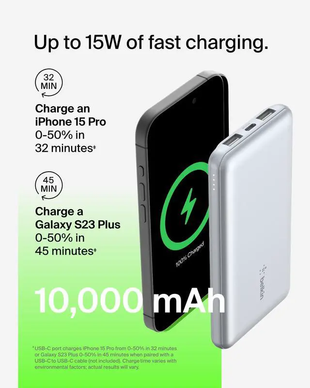 Alt view image 6 of 7 - Portable Charger, USB C Power Bank 10,000mAh w/ 2xUSB-A Ports, 15W w/Type-C to Type-A Cable for iPhone 17, Air, Samsung Galaxy S25, iPad, Nintendo Switch 2, Google Pixel 10, etc. - Pearl Blue