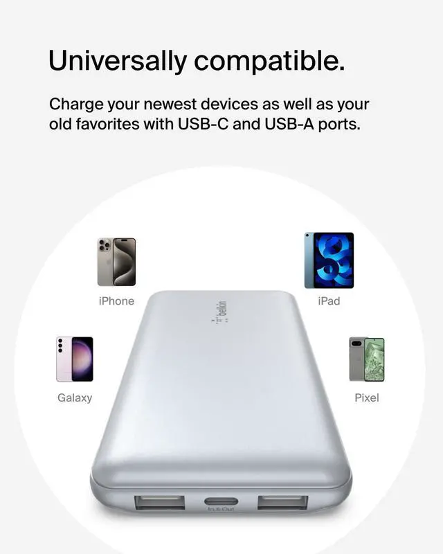 Alt view image 7 of 7 - Portable Charger, USB C Power Bank 10,000mAh w/ 2xUSB-A Ports, 15W w/Type-C to Type-A Cable for iPhone 17, Air, Samsung Galaxy S25, iPad, Nintendo Switch 2, Google Pixel 10, etc. - Pearl Blue
