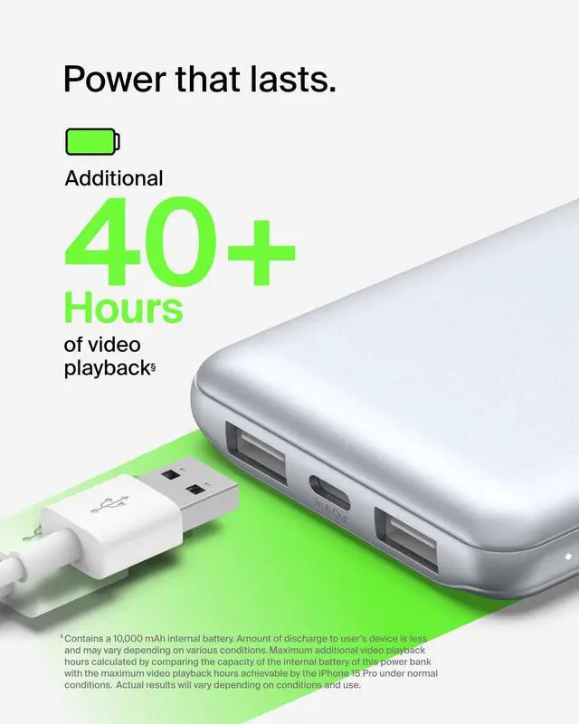 Alt view image 5 of 7 - Portable Charger, USB C Power Bank 10,000mAh w/ 2xUSB-A Ports, 15W w/Type-C to Type-A Cable for iPhone 17, Air, Samsung Galaxy S25, iPad, Nintendo Switch 2, Google Pixel 10, etc. - Pearl Blue