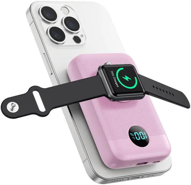 Main image of Magnetic Portable Charger 10800mAh,4-in-1 Wireless Power Bank with iWatch Charger, QC4.0+20W PD Fast Charging USB C Battery Pack with LCD Display for Magsafe,iPhone 16/15/14/13/12,Apple Watch, Pink