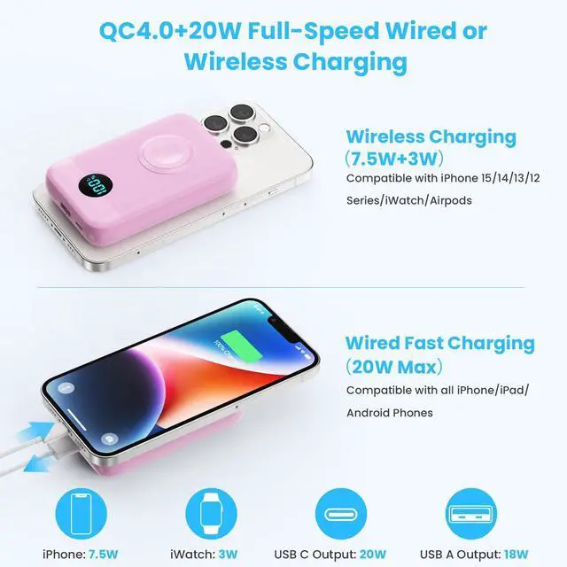 Alt view image 4 of 7 - Magnetic Portable Charger 10800mAh,4-in-1 Wireless Power Bank with iWatch Charger, QC4.0+20W PD Fast Charging USB C Battery Pack with LCD Display for Magsafe,iPhone 16/15/14/13/12,Apple Watch, Pink