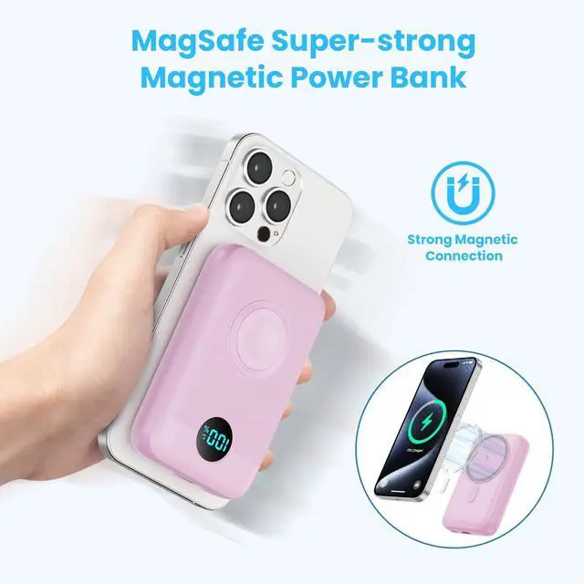 Alt view image 3 of 7 - Magnetic Portable Charger 10800mAh,4-in-1 Wireless Power Bank with iWatch Charger, QC4.0+20W PD Fast Charging USB C Battery Pack with LCD Display for Magsafe,iPhone 16/15/14/13/12,Apple Watch, Pink