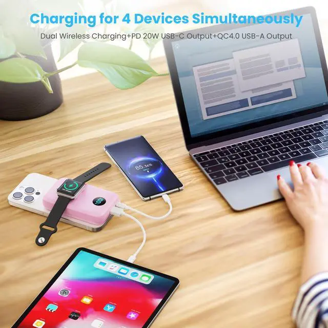 Alt view image 6 of 7 - Magnetic Portable Charger 10800mAh,4-in-1 Wireless Power Bank with iWatch Charger, QC4.0+20W PD Fast Charging USB C Battery Pack with LCD Display for Magsafe,iPhone 16/15/14/13/12,Apple Watch, Pink