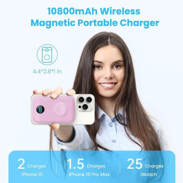 Alt view image 2 of 7 - Magnetic Portable Charger 10800mAh,4-in-1 Wireless Power Bank with iWatch Charger, QC4.0+20W PD Fast Charging USB C Battery Pack with LCD Display for Magsafe,iPhone 16/15/14/13/12,Apple Watch, Pink