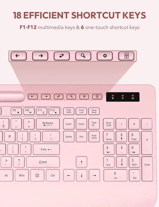 Alt view image 7 of 7 - Wireless Keyboard and Mouse, Wrist Rest, Phone Holder, Batteries Included, 2.4G Lag-Free Ergonomic Keyboards Mouse Combo, KM23D Silent Keyboards Set for Computer, Laptop, PC, Windows, Pink -SABLUTE