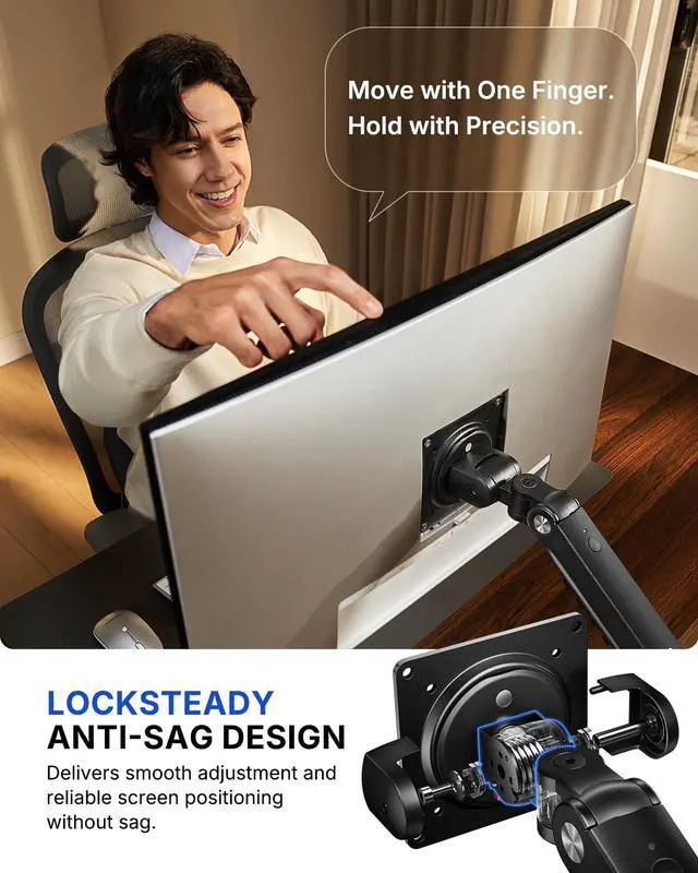 Alt view image 4 of 7 - FlowLift Pro Monitor Arm for 1332" Screens, MechaSpring Monitor Mount, Fully-Adjustable Monitor Stand with Tilt/Swivel/Rotation, Tool-Free VESA Mount, C-Clamp/Grommet Base, Max Load 19.8 lbs