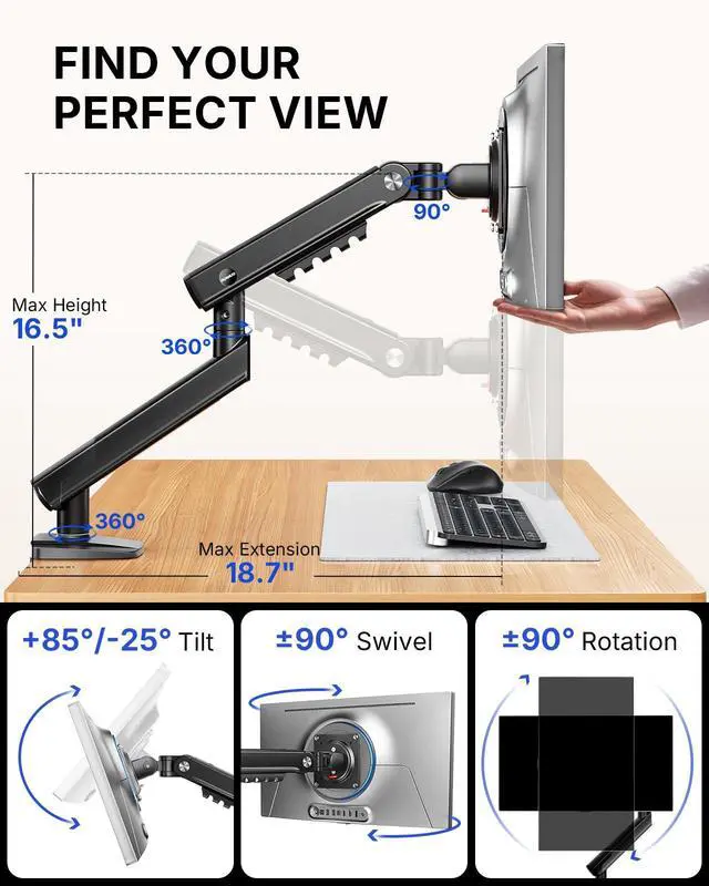 Alt view image 6 of 7 - FlowLift Pro Monitor Arm for 1332" Screens, MechaSpring Monitor Mount, Fully-Adjustable Monitor Stand with Tilt/Swivel/Rotation, Tool-Free VESA Mount, C-Clamp/Grommet Base, Max Load 19.8 lbs