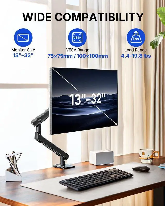 Alt view image 2 of 7 - FlowLift Pro Monitor Arm for 1332" Screens, MechaSpring Monitor Mount, Fully-Adjustable Monitor Stand with Tilt/Swivel/Rotation, Tool-Free VESA Mount, C-Clamp/Grommet Base, Max Load 19.8 lbs