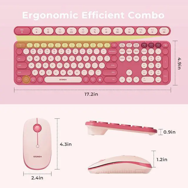 Alt view image 7 of 7 - Wireless Bluetooth Keyboard Mouse Combo, COE202 Retro Cute Round Keyboard, Silent Mouse, 3 Multi-Device Connection, Full Size Compatible for PC/Laptop/Mac/MacBook/iPad/Tablet, Pink