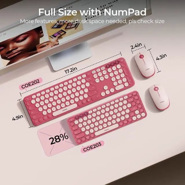 Alt view image 6 of 7 - Wireless Bluetooth Keyboard Mouse Combo, COE202 Retro Cute Round Keyboard, Silent Mouse, 3 Multi-Device Connection, Full Size Compatible for PC/Laptop/Mac/MacBook/iPad/Tablet, Pink